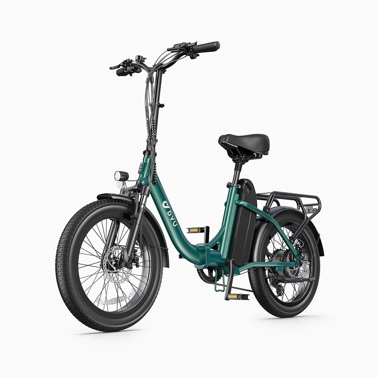 Bicicleta eléctrica plegable DYU C9 en vista frontal en ángulo en color verde
