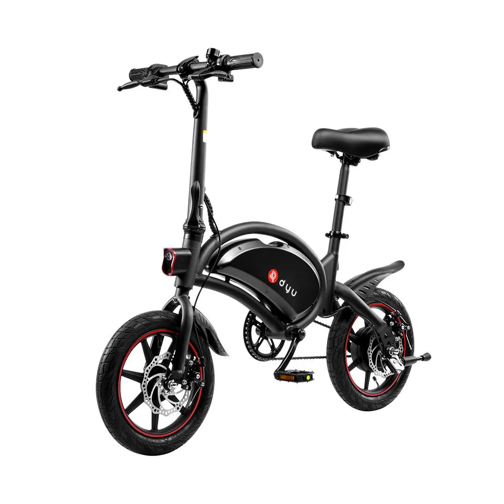 Bicicleta eléctrica plegable DYU D3S en vista frontal en ángulo