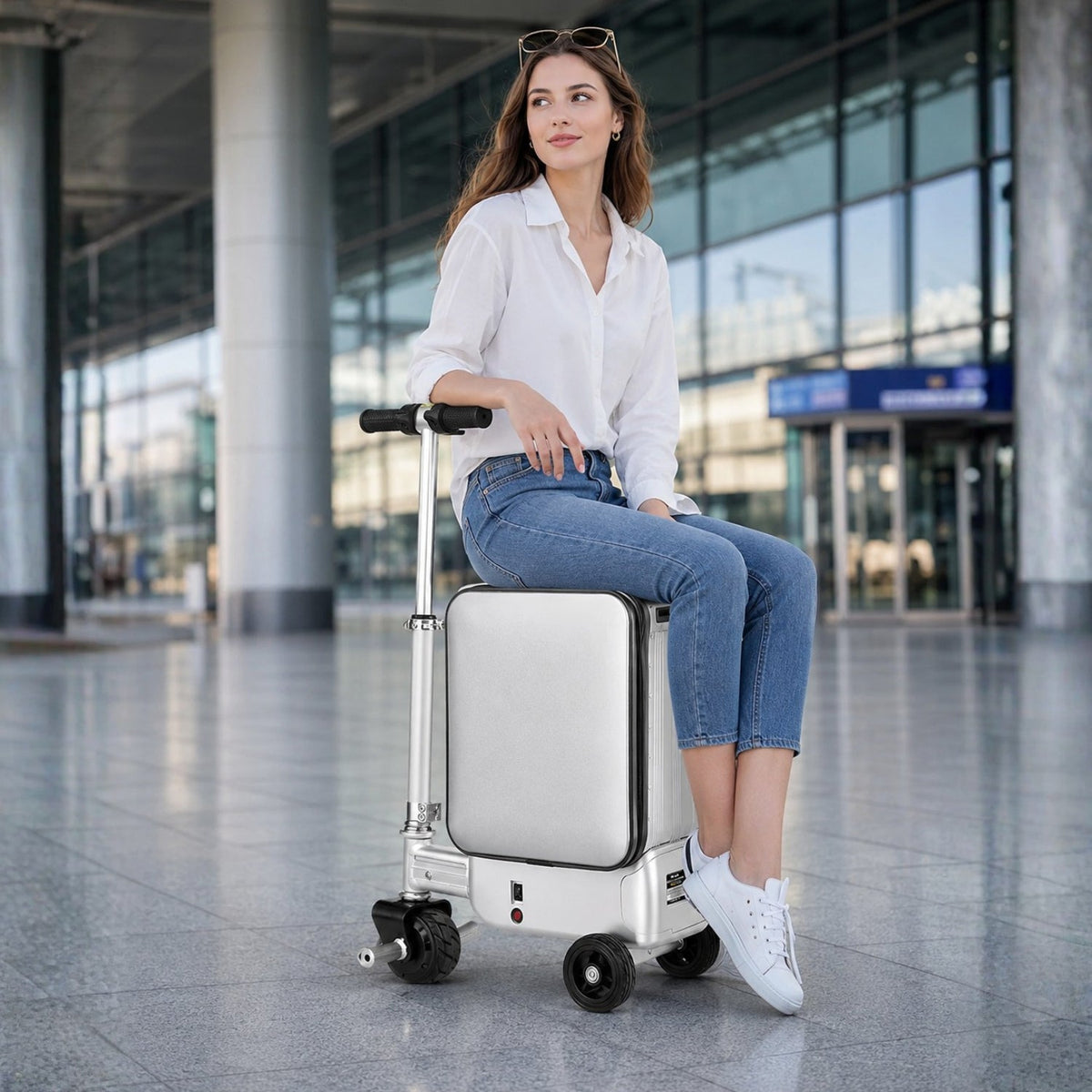Persona montada en la maleta eléctrica montable AeroDrive Edition al aire libre
