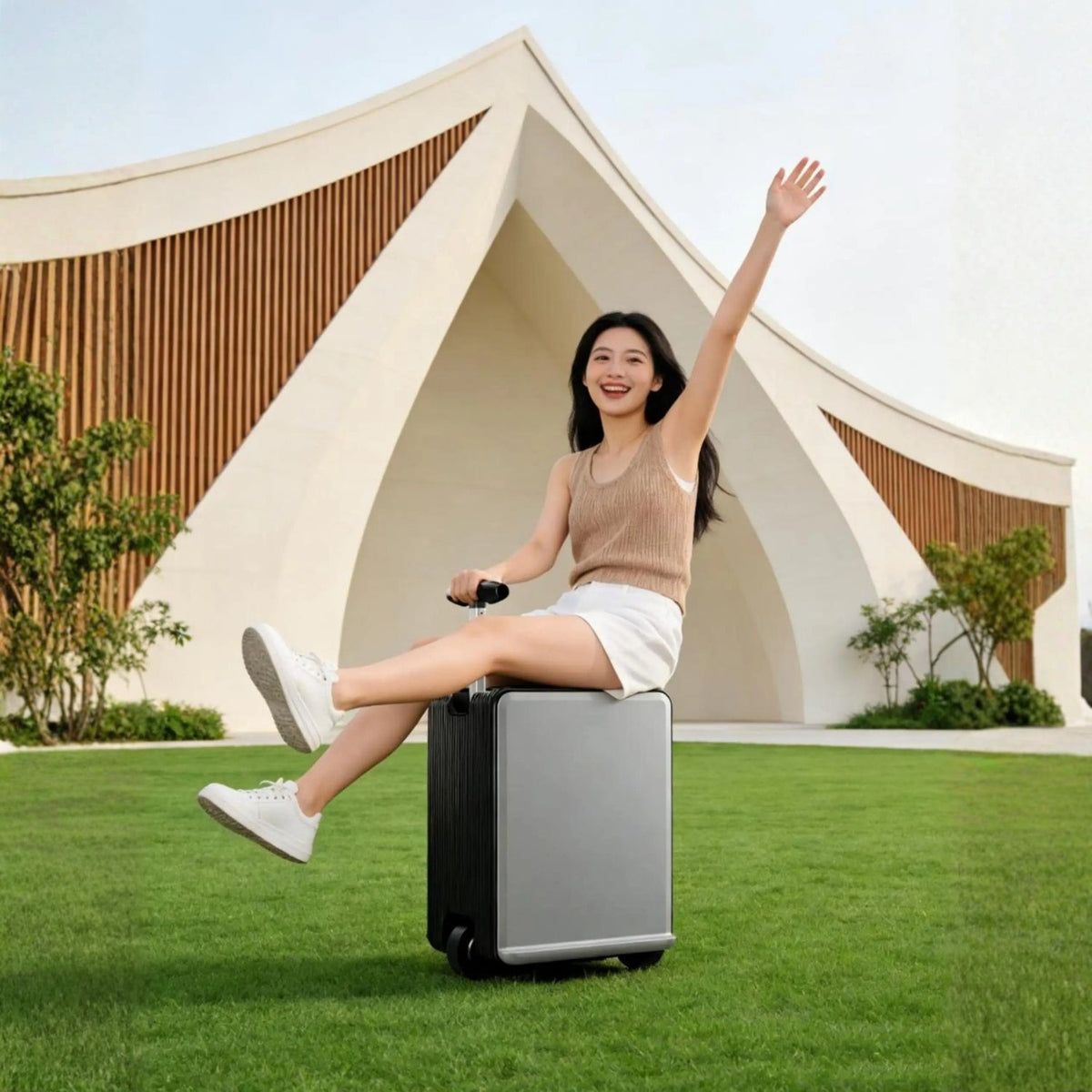 Persona sentada en la maleta eléctrica montable Air Pro Edition al aire libre