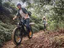 Dos personas con la bicicleta eléctrica fat bike ENGWE E26 en el bosque