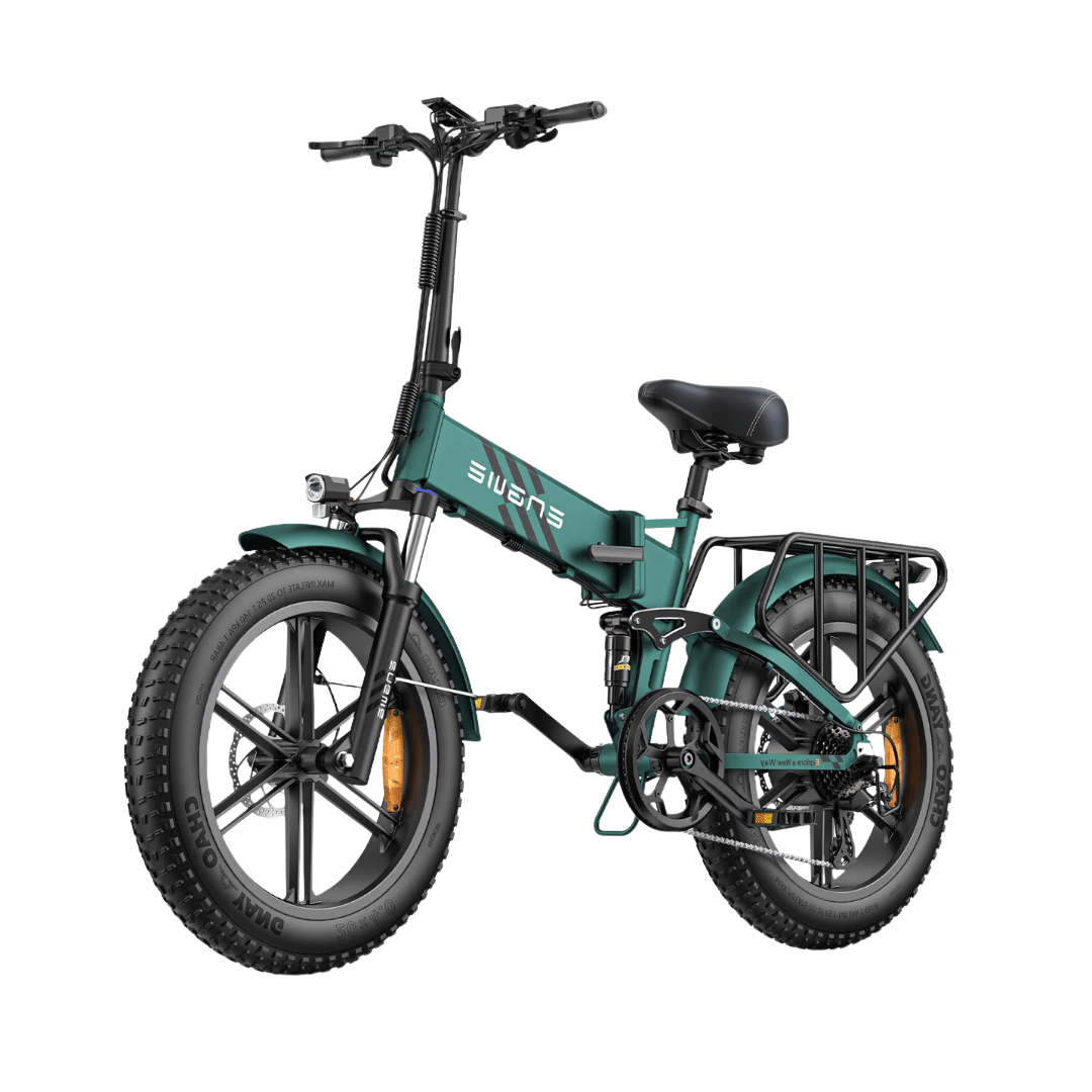Bicicleta eléctrica plegable fat bike ENGWE ENGINE Pro 2.0 en vista frontal en ángulo en color verde