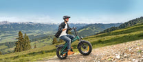 Hombre montando la bicicleta eléctrica plegable fat bike ENGWE EP-2 3.0 Boost sobre el césped