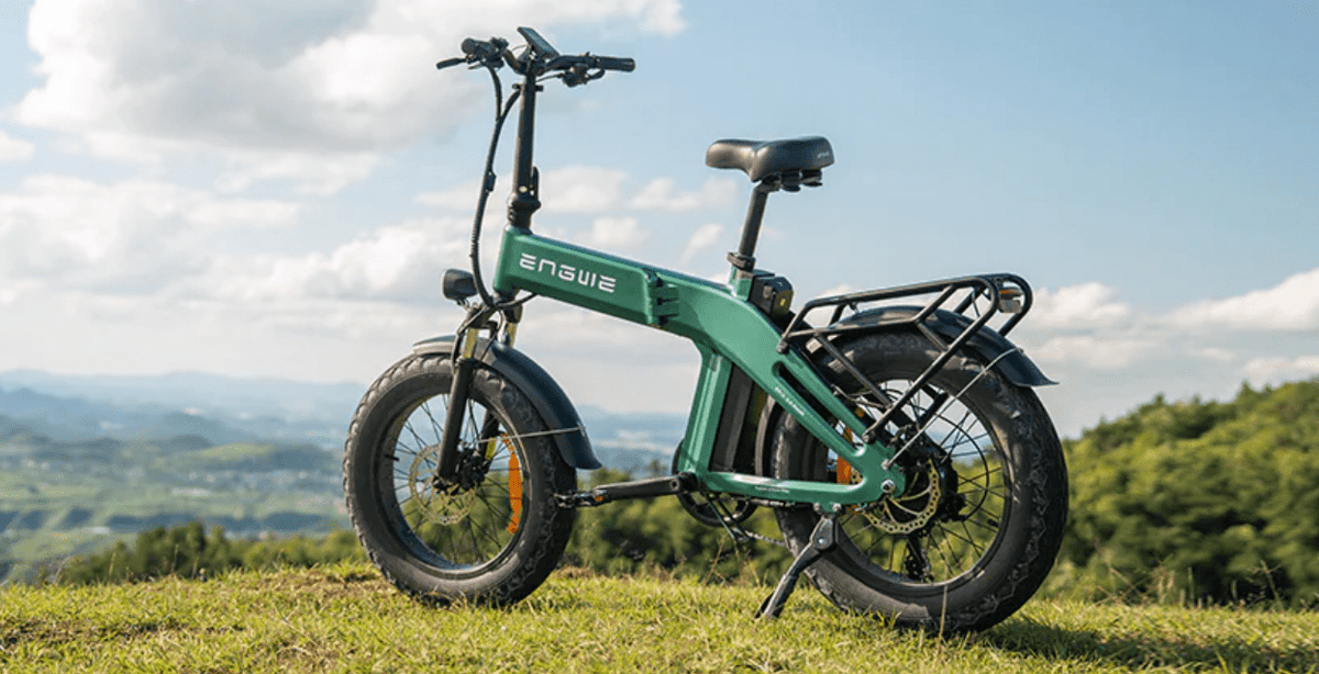 Bicicleta eléctrica plegable fat bike ENGWE EP-2 3.0 Boost en vista frontal en ángulo sobre el césped