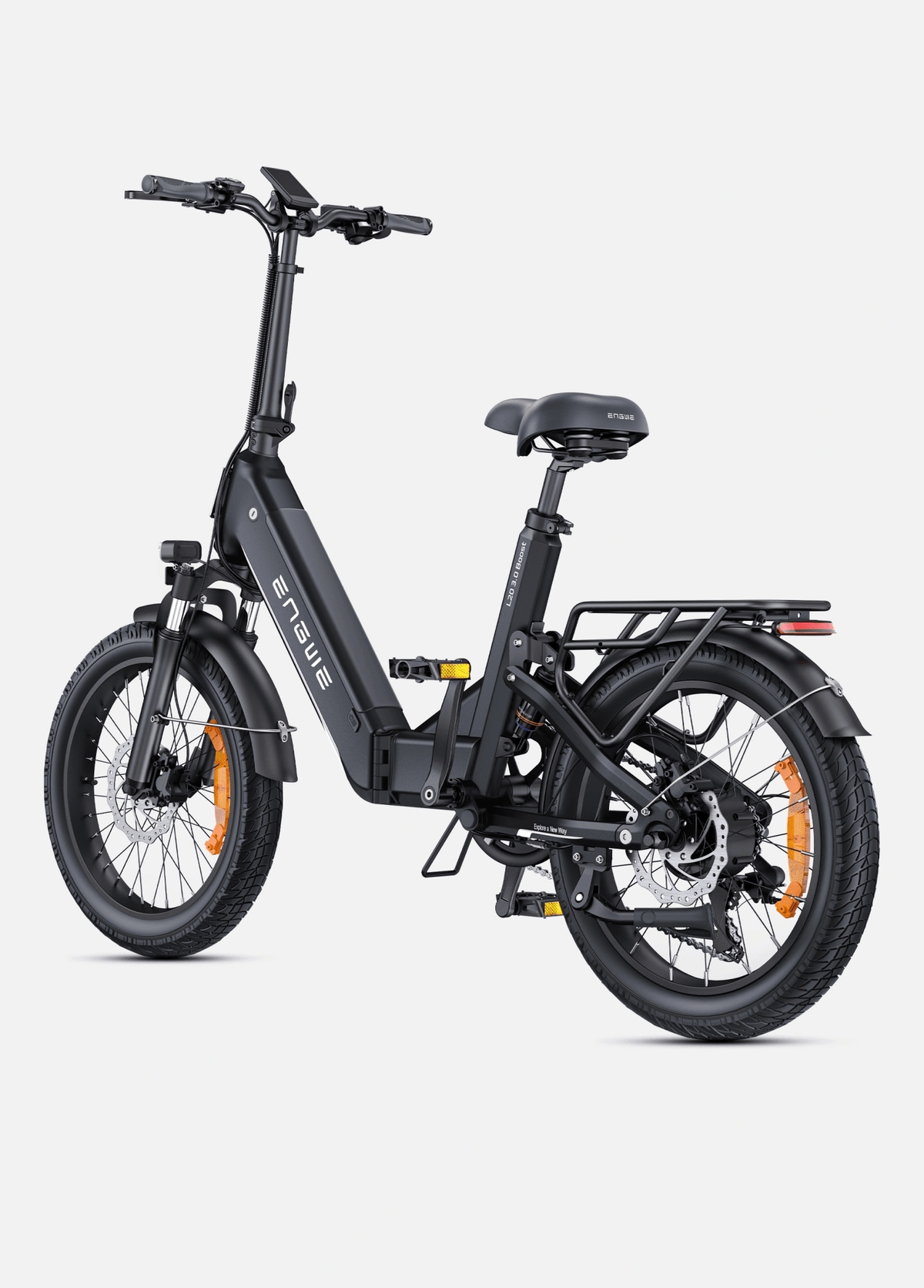 Bicicleta eléctrica plegable ENGWE L20 3.0 Boost en vista frontal en ángulo en color negro