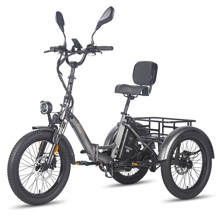 Triciclo eléctrico Fafrees F20 Mate en vista frontal en ángulo en color gris