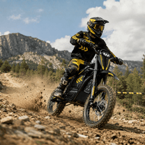 Piloto con la moto cross eléctrica Hidoes G2 fuera de pista sobre terreno arenoso