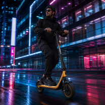 Hombre montando el patinete eléctrico HIKERBOY CURTIS DUAL PRO en un ambiente nocturno