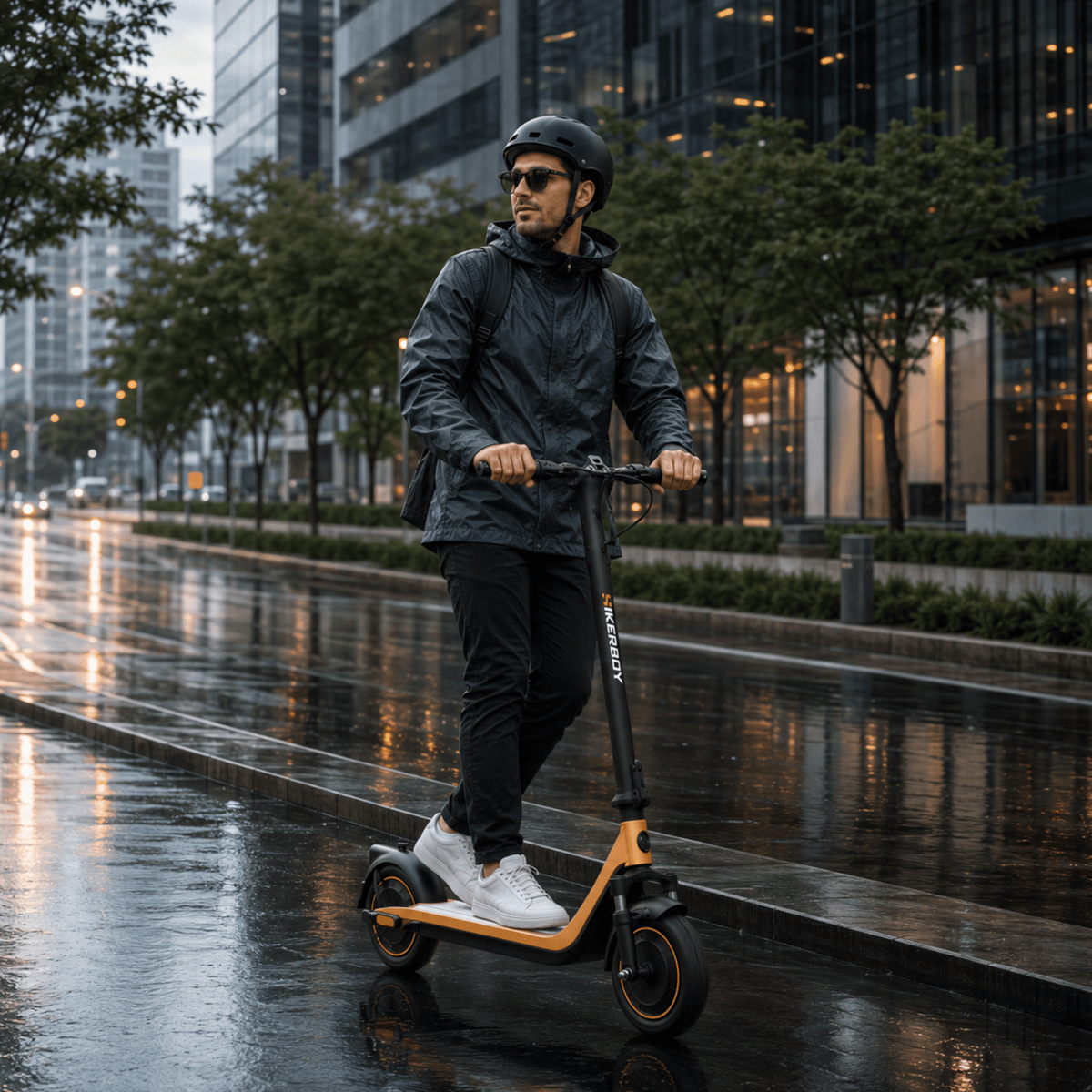 Hombre montando el patinete eléctrico HIKERBOY CURTIS DUAL PRO junto a un lago