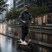 Hombre montando el patinete eléctrico HIKERBOY CURTIS DUAL PRO junto a un lago