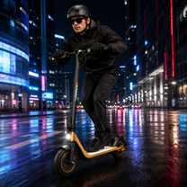 Hombre montando el patinete eléctrico HIKERBOY CURTIS DUAL PRO sobre asfalto mojado