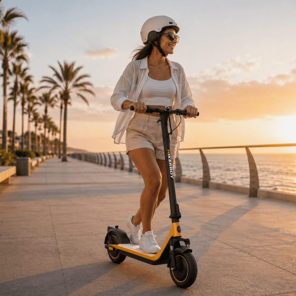 Mujer montando el patinete eléctrico HIKERBOY CURTIS DUAL PRO al atardecer