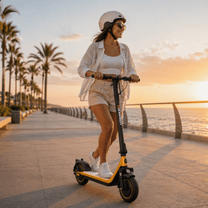 Mujer montando el patinete eléctrico HIKERBOY CURTIS DUAL PRO al atardecer