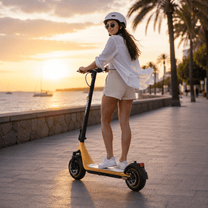 Mujer de pie junto al patinete eléctrico HIKERBOY CURTIS DUAL PRO al atardecer