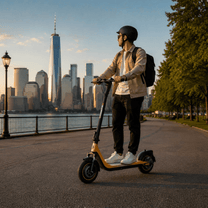 Hombre de pie junto al patinete eléctrico HIKERBOY CURTIS DUAL PRO en la ciudad