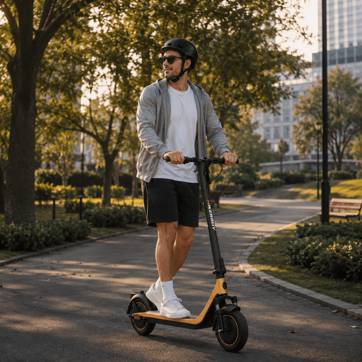 Hombre de pie junto al patinete eléctrico HIKERBOY CURTIS DUAL PRO en un parque