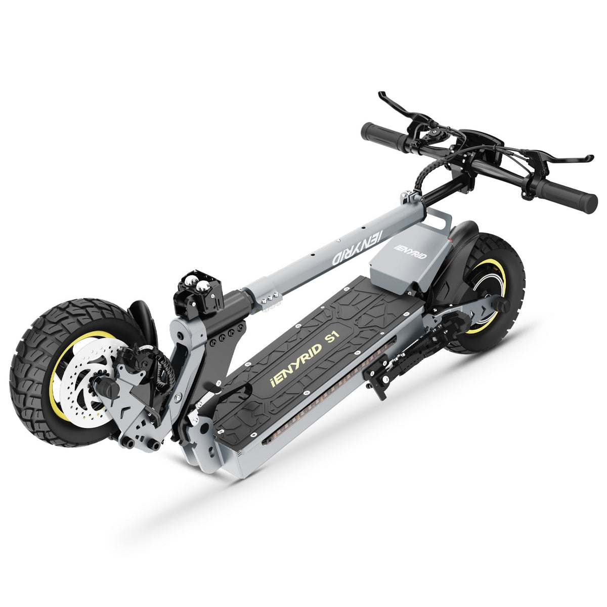Patinete eléctrico iENYRID S1 plegado, en vista frontal en ángulo