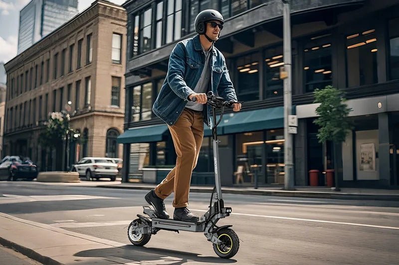 Hombre montando el patinete eléctrico iENYRID S1 por la ciudad