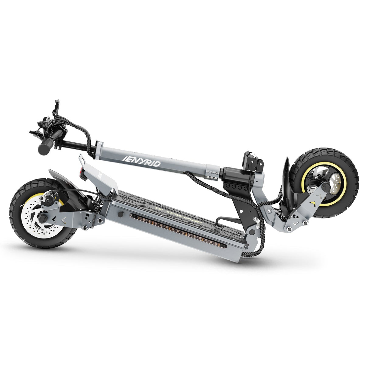 Patinete eléctrico iENYRID S1 plegado, desde el lado opuesto