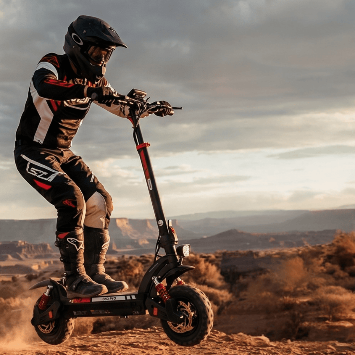 Persona de pie junto al patinete eléctrico iScooter GX3 Pro sobre terreno arenoso al atardecer