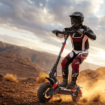 Persona de pie junto al patinete eléctrico iScooter GX3 Pro sobre terreno arenoso al atardecer