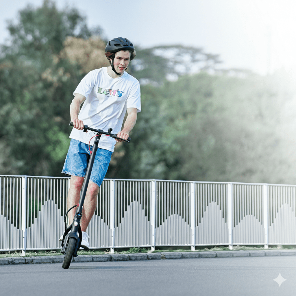 Persona circulando con el patinete eléctrico iScooter W6 por la ciudad
