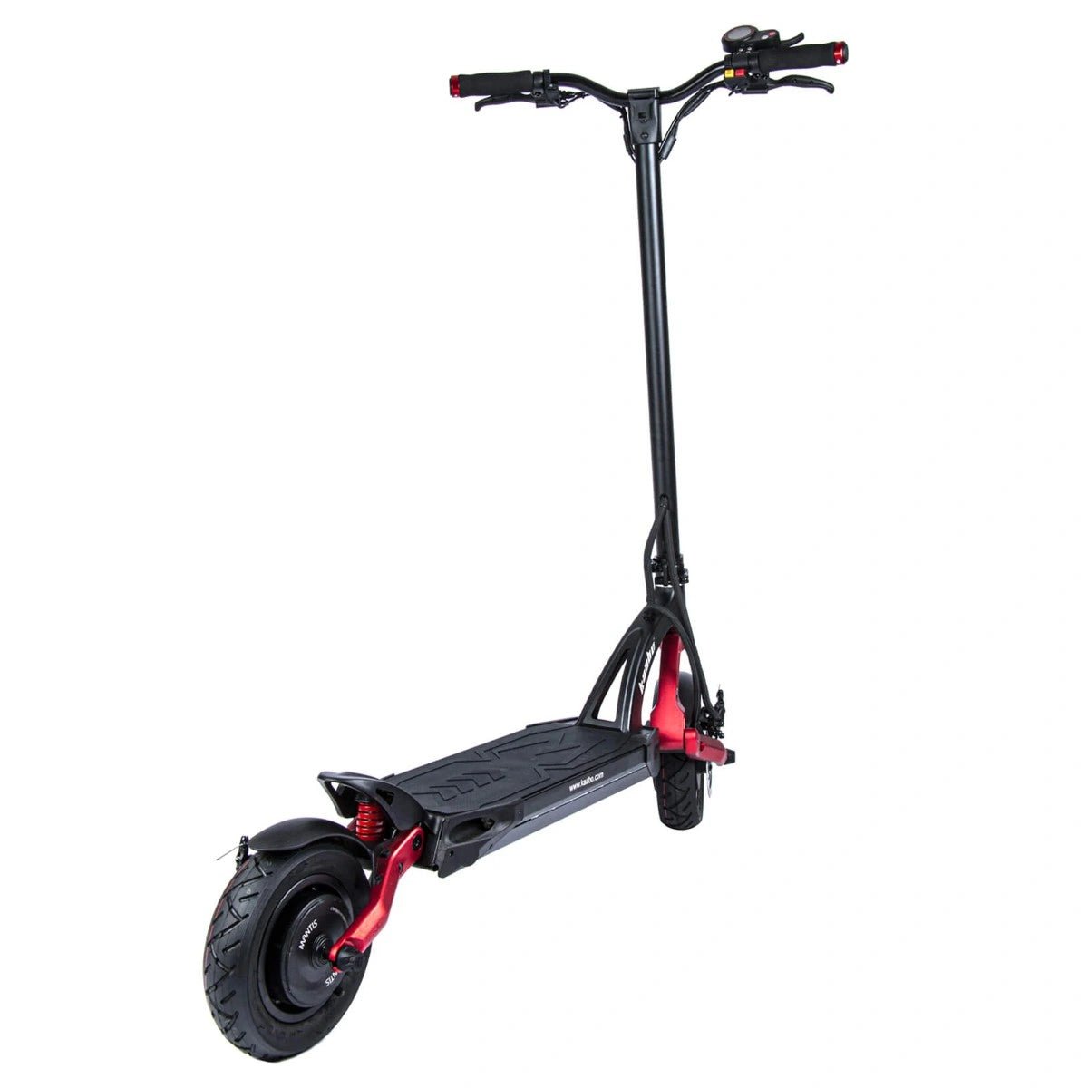 Patinete eléctrico KAABO MANTIS 10 Plus en vista frontal en ángulo desde el lado opuesto en color rojo