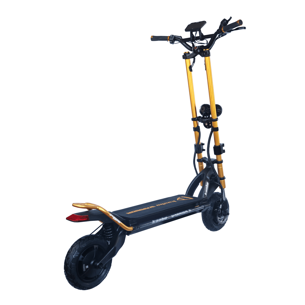 Patinete eléctrico KAABO WOLF WARRIOR X MAX visto en ángulo desde atrás en color dorado