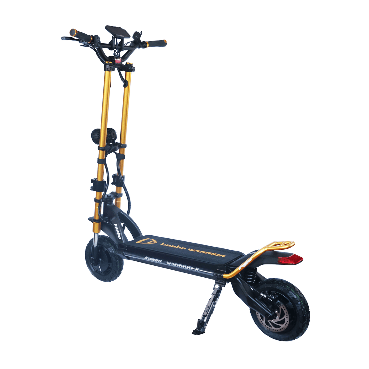Patinete eléctrico KAABO WOLF WARRIOR X MAX en vista frontal en ángulo desde el lado opuesto en color dorado