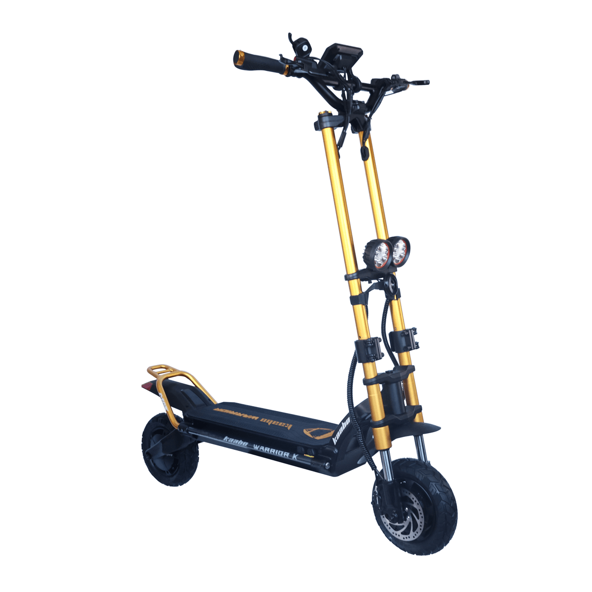 Patinete eléctrico KAABO WOLF WARRIOR X MAX visto en ángulo desde atrás en color dorado