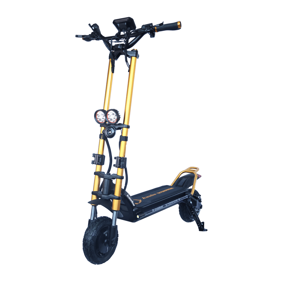 Patinete eléctrico KAABO WOLF WARRIOR X MAX en vista frontal en ángulo en color dorado