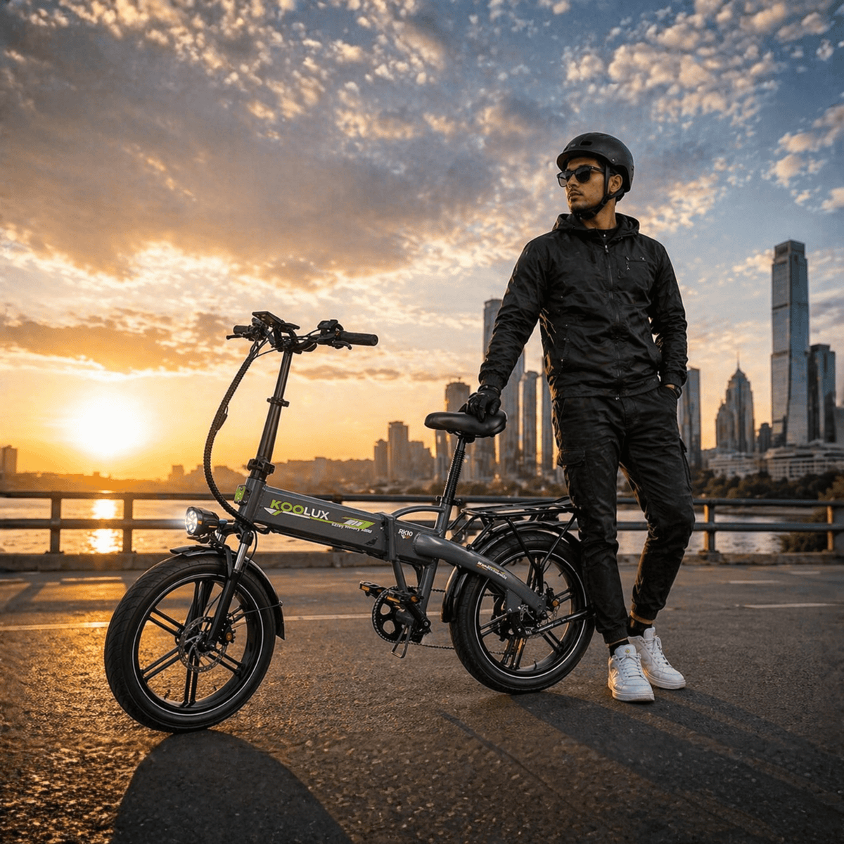 Hombre de pie junto a la bicicleta eléctrica plegable fat bike KOOLUX RK10 en la ciudad