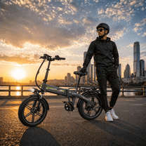 Hombre de pie junto a la bicicleta eléctrica plegable fat bike KOOLUX RK10 en la ciudad