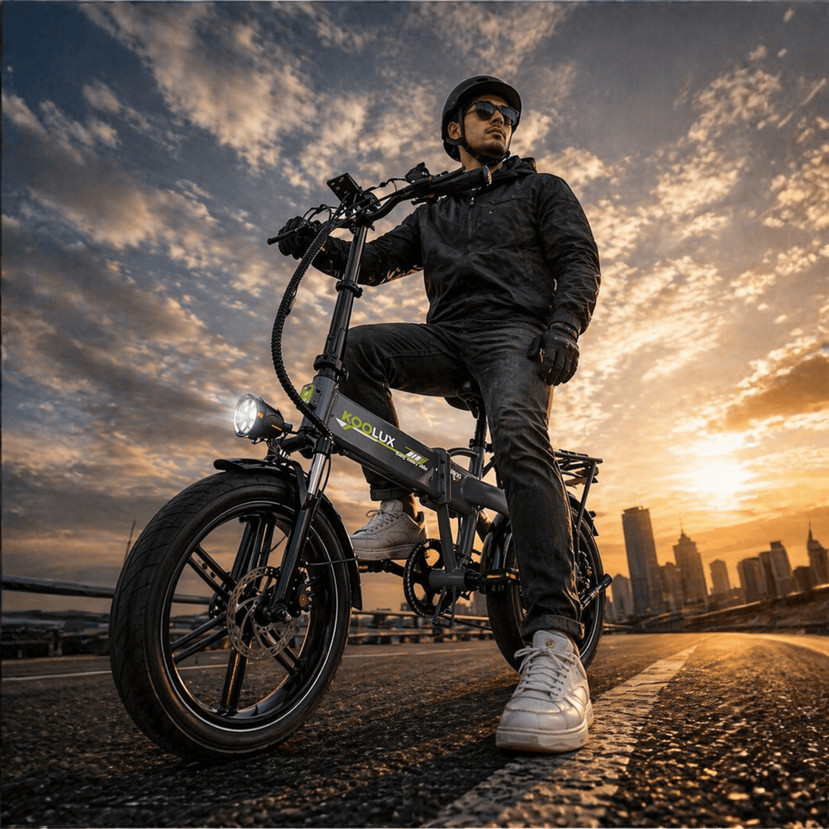 Hombre montando la bicicleta eléctrica plegable fat bike KOOLUX RK10 por la ciudad