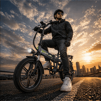 Hombre montando la bicicleta eléctrica plegable fat bike KOOLUX RK10 por la ciudad