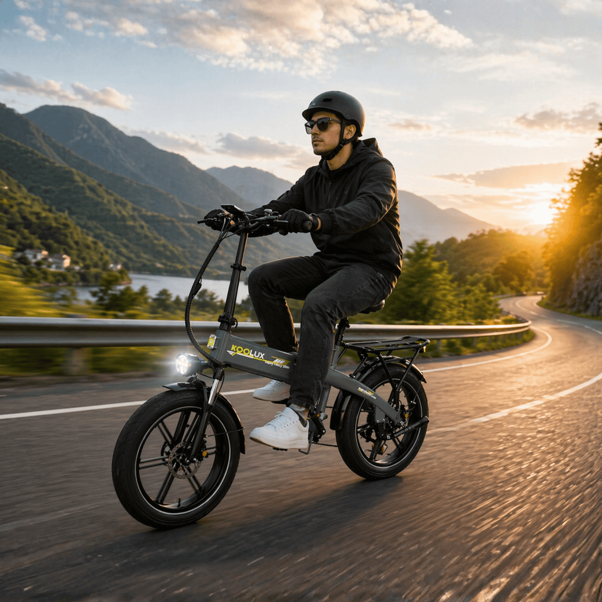 Hombre montando la bicicleta eléctrica plegable fat bike KOOLUX RK10 por la carretera