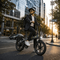 Hombre montando la bicicleta eléctrica plegable fat bike KOOLUX RK10 por la ciudad al atardecer