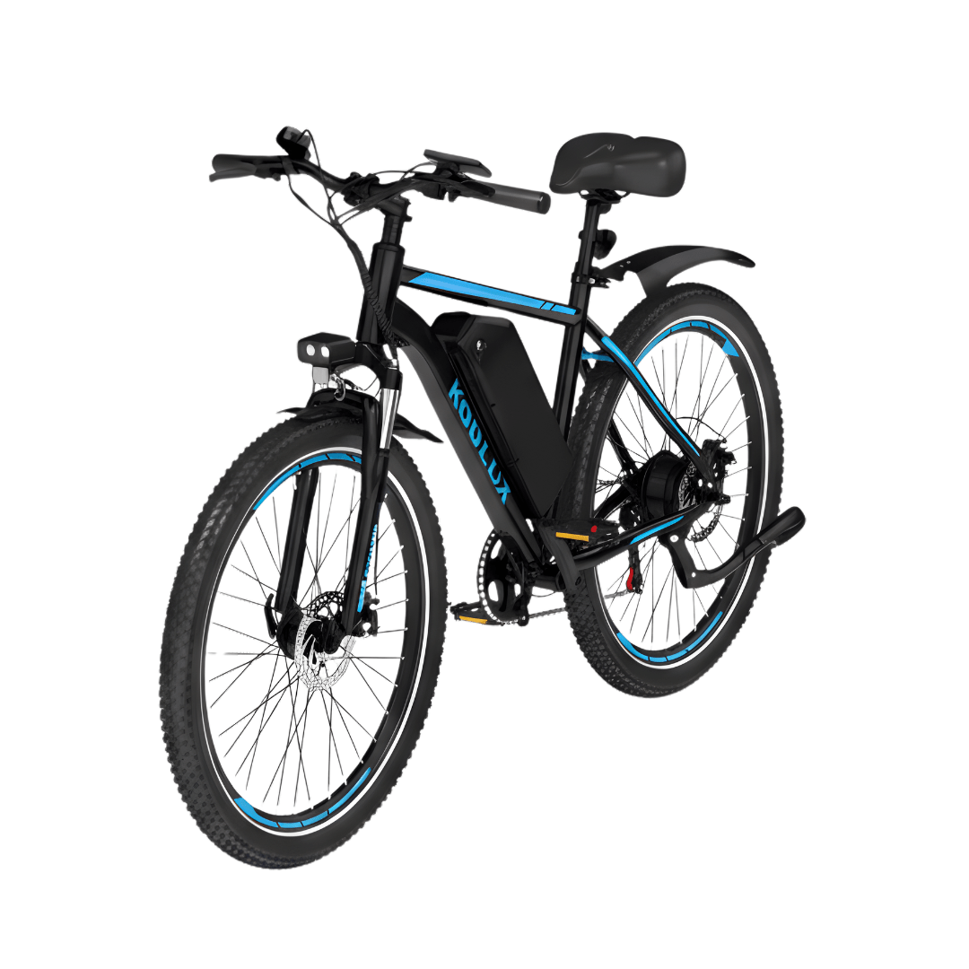 Bicicleta eléctrica de montaña KOOLUX X15 en vista frontal en ángulo en color negro