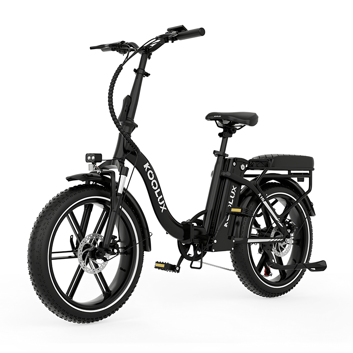 Bicicleta eléctrica plegable fat bike KOOLUX X16 en vista frontal en ángulo en color negro