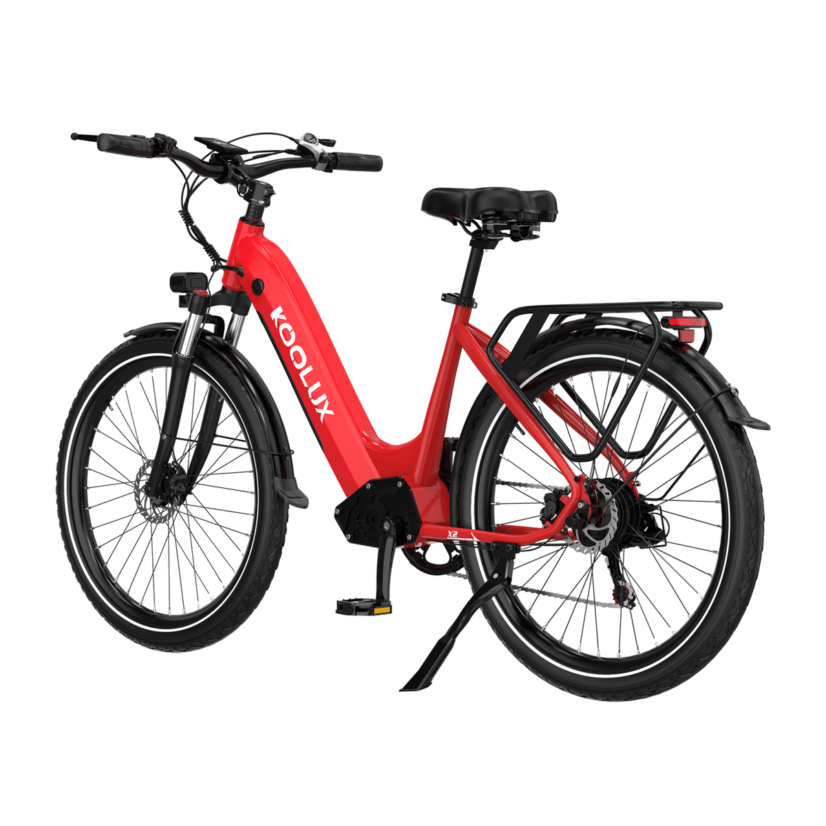 Bicicleta eléctrica KOOLUX X2 en vista frontal en ángulo en color rojo