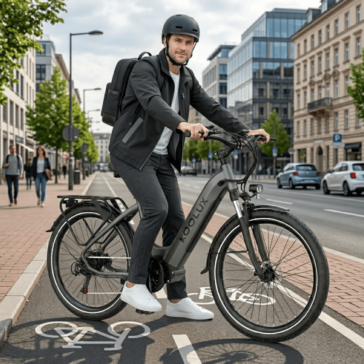 Hombre de pie junto a la bicicleta eléctrica KOOLUX X2 en la ciudad