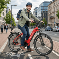 Hombre montando la bicicleta eléctrica KOOLUX X2 en color rojo por la ciudad
