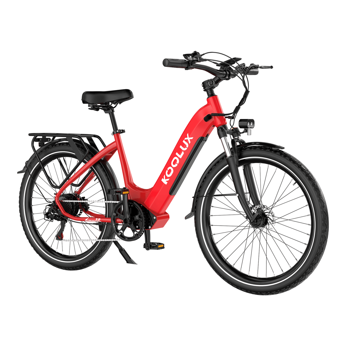 Bicicleta eléctrica KOOLUX X2 vista en ángulo desde atrás en color rojo