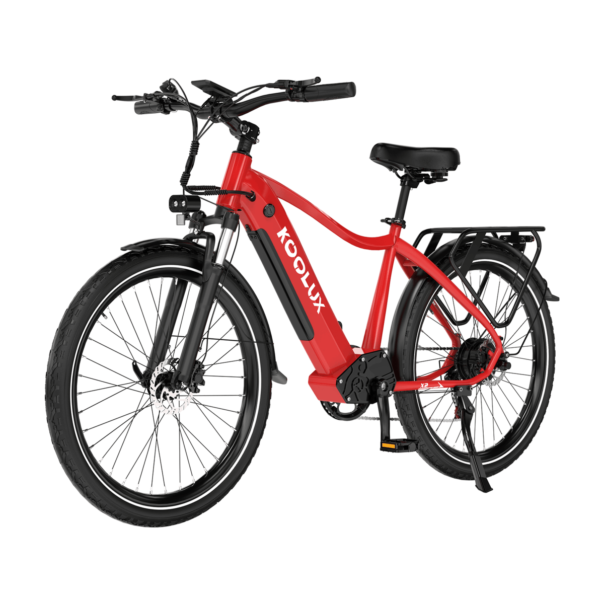 Bicicleta eléctrica KOOLUX X3 en vista frontal en ángulo en color rojo