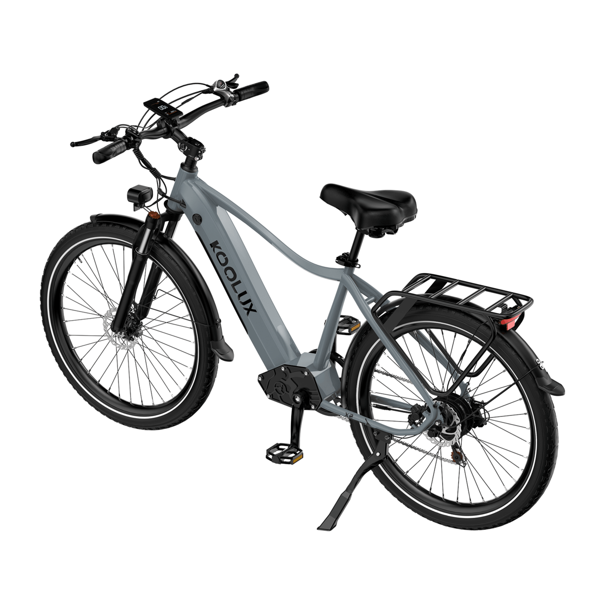 Bicicleta eléctrica KOOLUX X3 vista en ángulo desde atrás en color gris
