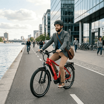 Hombre montando la bicicleta eléctrica KOOLUX X3 por la ciudad