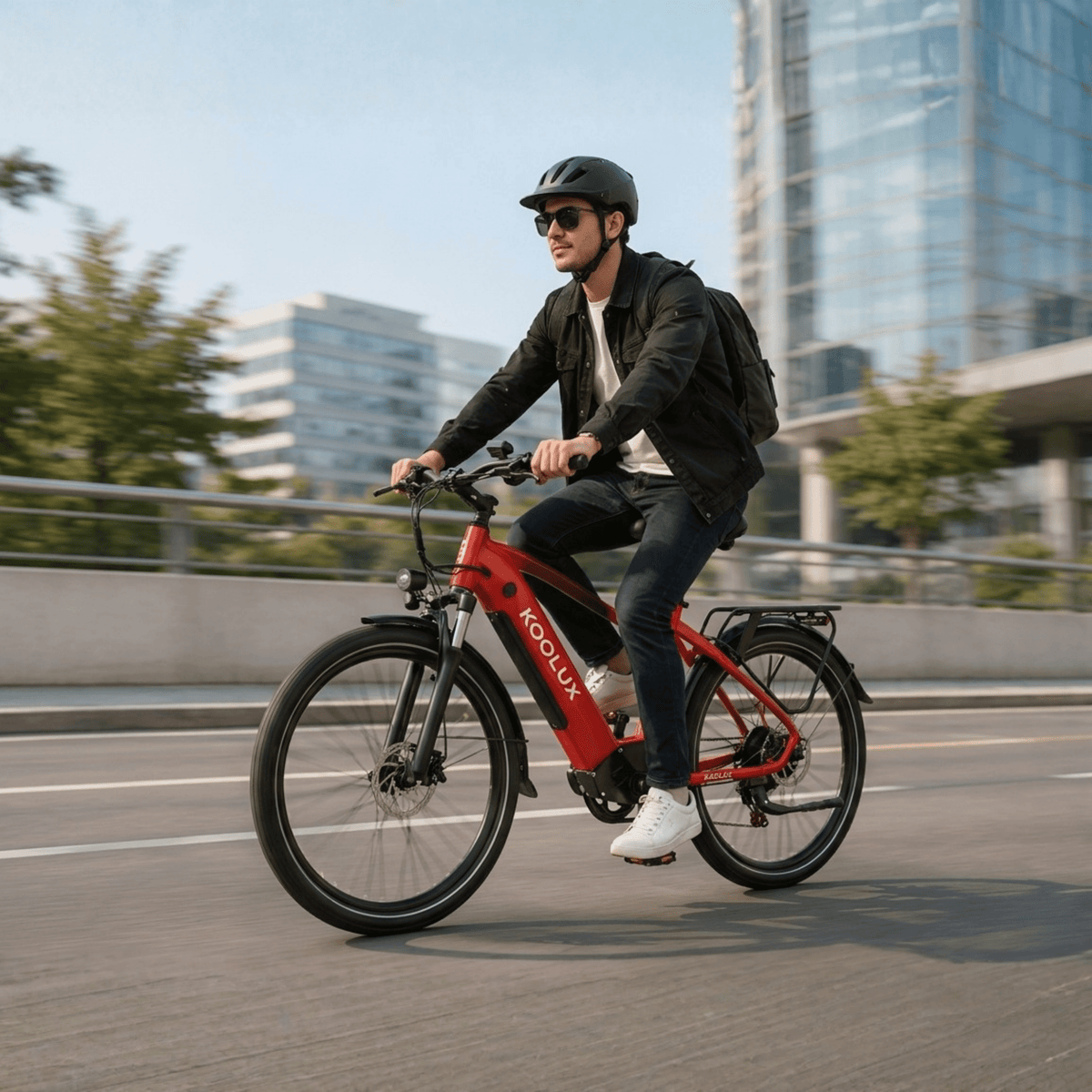 Hombre montando la bicicleta eléctrica KOOLUX X3 por la ciudad