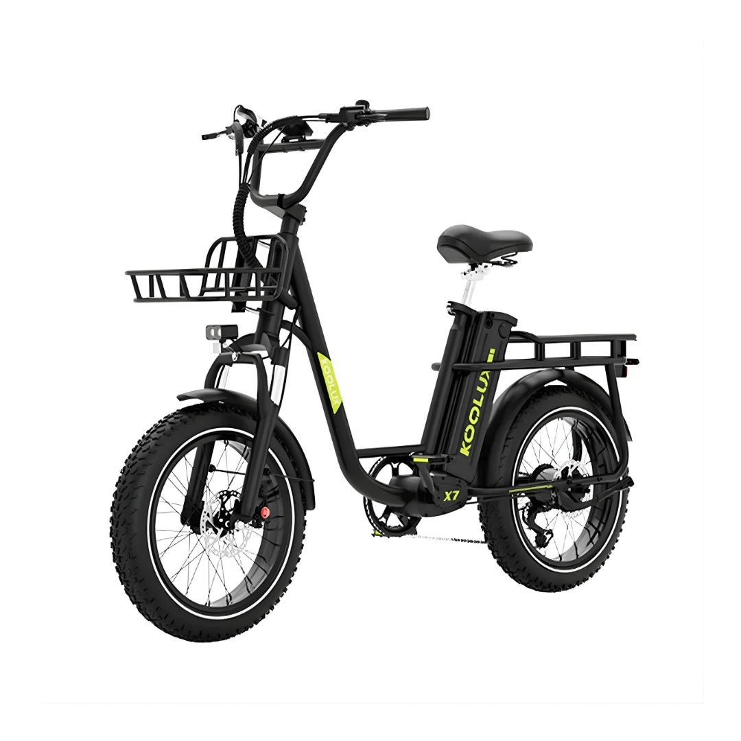Bicicleta eléctrica fat bike KOOLUX X7 en vista frontal en ángulo en color negro