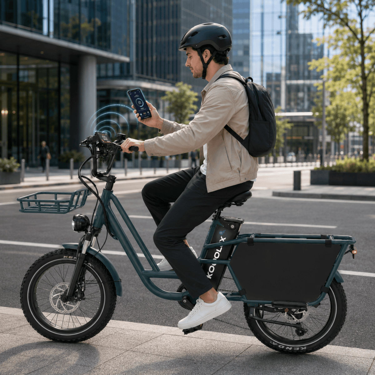 Hombre montando la bicicleta eléctrica fat bike KOOLUX X7 Pro por la ciudad