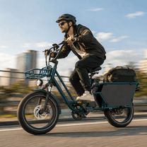 Hombre montando la bicicleta eléctrica fat bike KOOLUX X7 Pro por la carretera